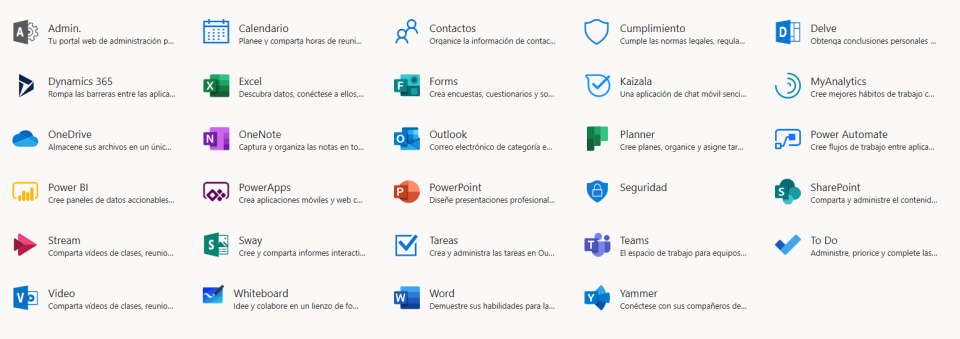 Iconos de todas las aplicaciones de Office 365